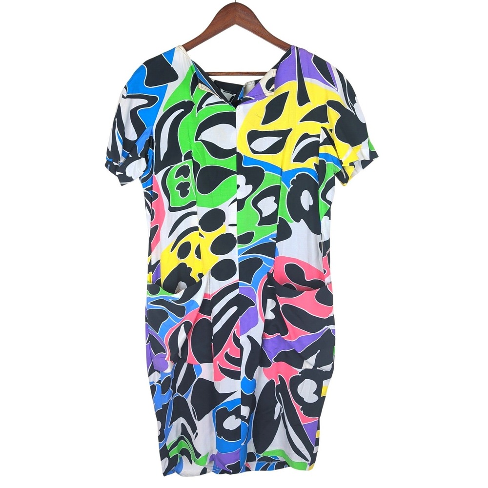 Guy Laroche Vintage 80s Abstract‎ Graphic Button Back Pocket Dress 12 Multicolor